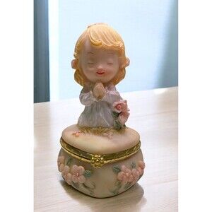 Small Vintage Hinged Trinket Box Girl Praying With 3D Pink Flowers